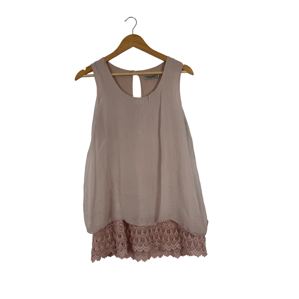 Ethereal Lagenlook Women Small Pink Silk Lace Trim‎ Sleeveless Made In Italy